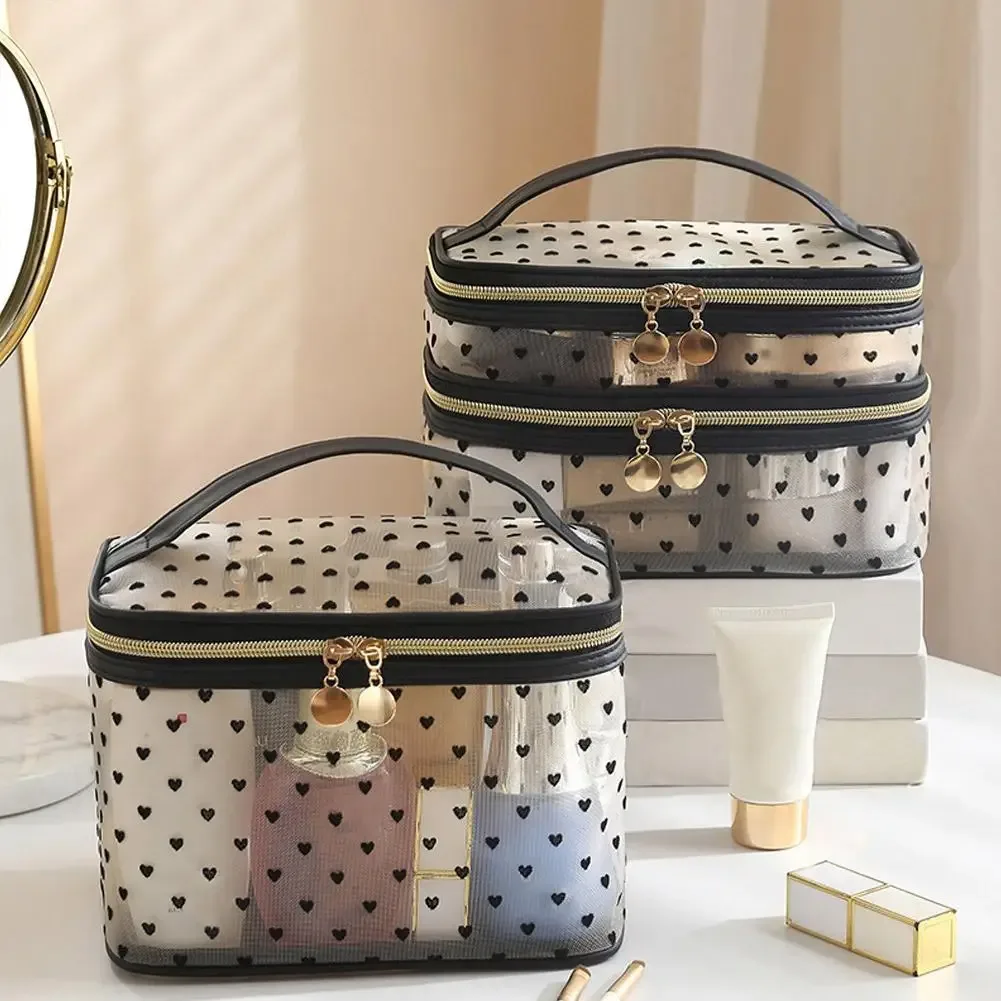 sac à cosmétiques en maille noire à double couche, trousse de maquillage portable de grande capacité, pochette de rangement, sacs de toilette à fermeture éclair