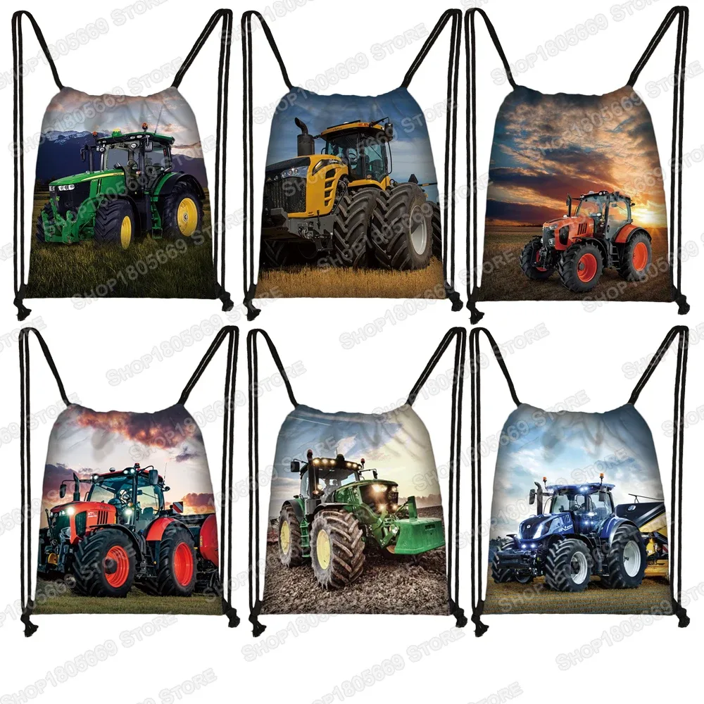 sac à dos à imprimé tracteur pour enfant, sac à dos avec cordon de serrage pour garçon et fille