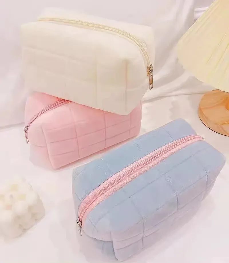 sac de rangement de cosmétiques en fourrure solide, grand sac de rangement de maquillage à fermeture éclair pour femmes, sac à main de papeterie, trousse à crayons de voyage, poinçon de toilette