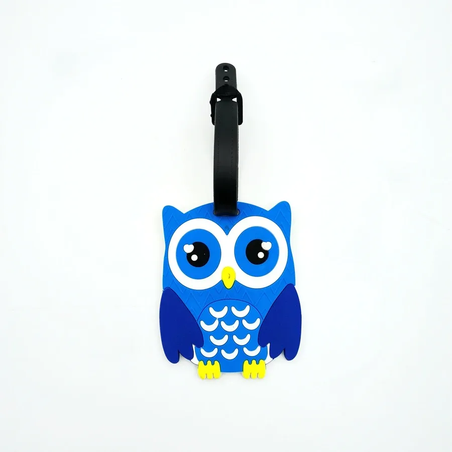 étiquette bagage pvc hibou bleu jaune marron oeil grand ouvert accessoire voyage identification anti perte aéroport