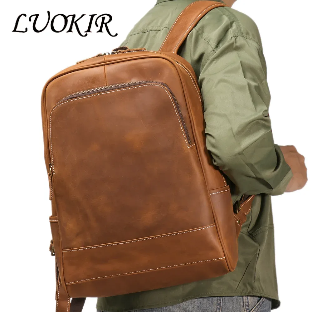 luokir vintage hommes crazy horse cuir sac à dos en cuir véritable voyage sac à dos grande capacité peau de vache pochette d'ordinateur sac d'école