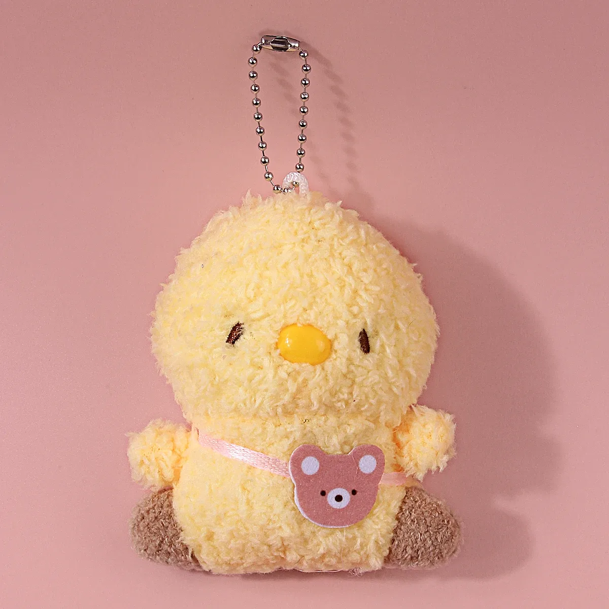 porte-clés en peluche mignon et moelleux, pendentif de dessin animé lapin rose et poussin jaune avec étiquette ours, animal en peluche doux pour sac à dos
