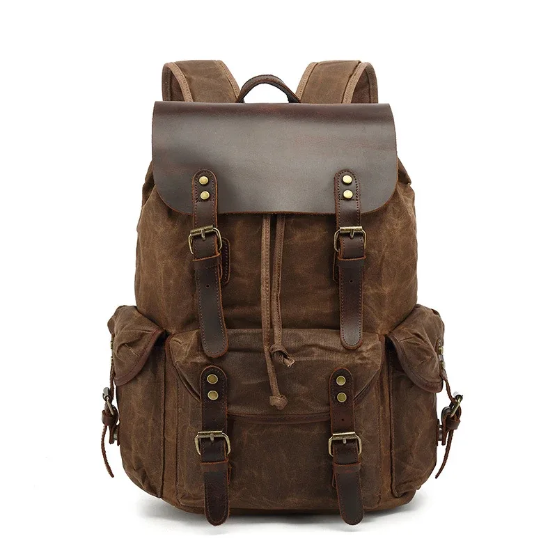 sac à dos en toile de cire d'huile pour femmes, sac de voyage vintage étanche de grande capacité, mochila en cuir pour ordinateur portable avec cordon