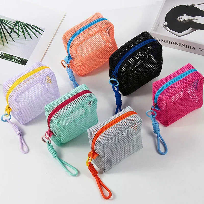 trousse de maquillage portable en maille couleur dopamine, sac de rangement pour cosmétiques, pochette de toilette en maille pour femmes, organisateur de rangement pour articles divers