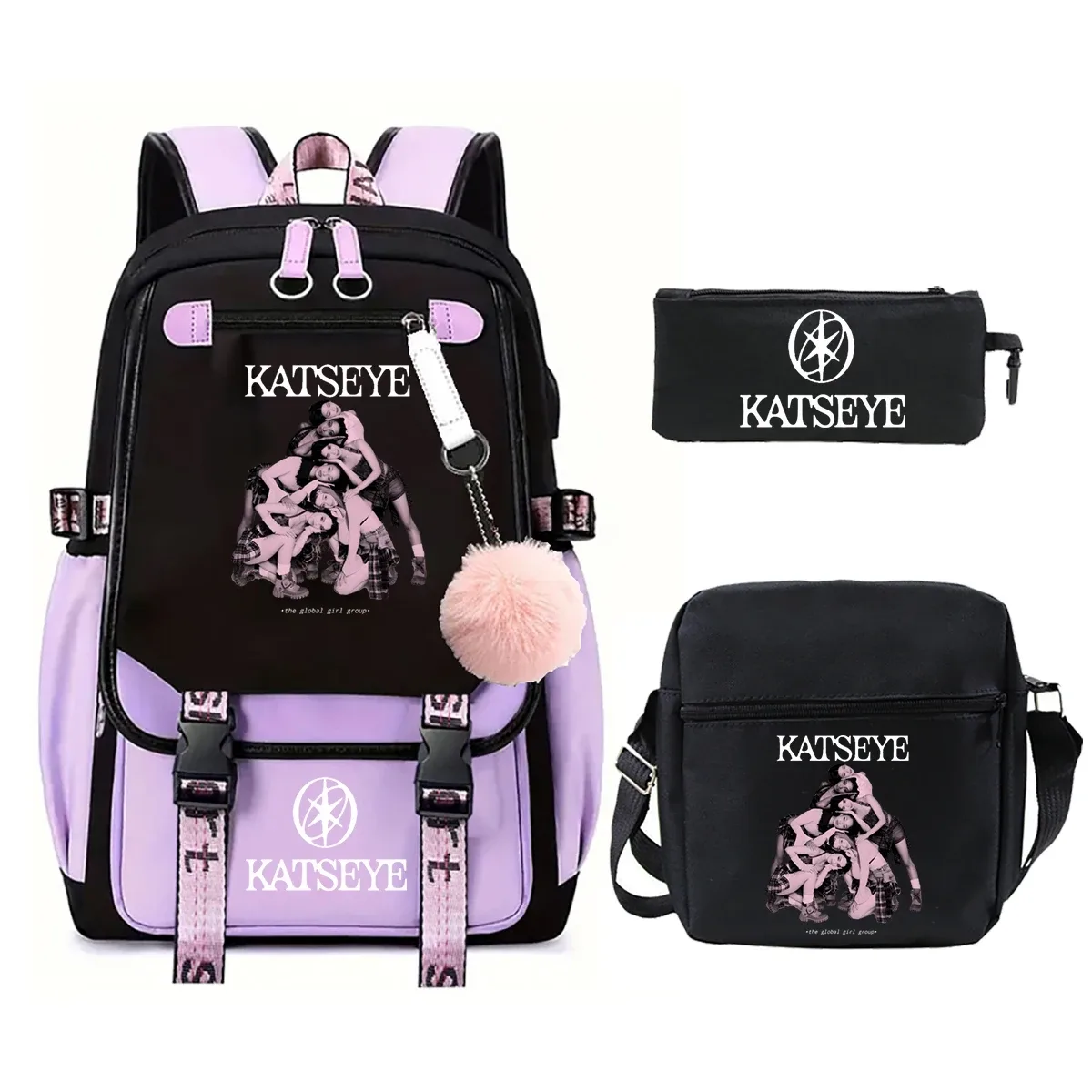sac dos toile noire rose pastel groupe féminin dessin animé pochette bandoulière poches ouvertes courbe physiologique dos décontracté voyager étudiant scolaire ordinateur portable