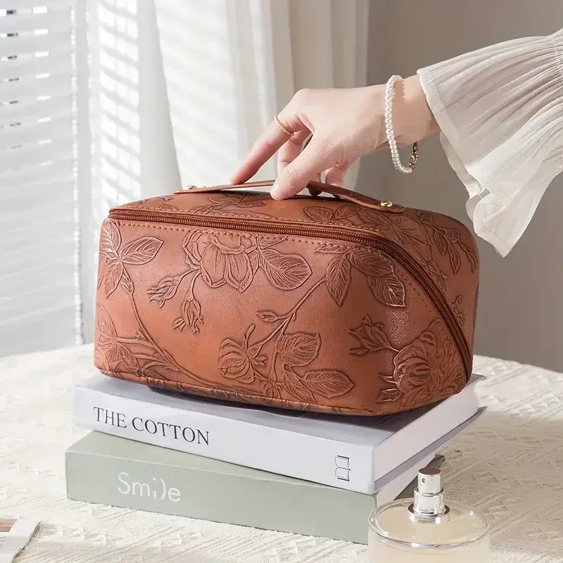 Sac de toilette vintage à fleurs pour femme, sac à main cosmétique portable, trousse de maquillage, pochette, sac de voyage grande capacité avec fermeture éclair