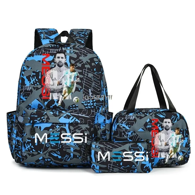sacs à dos de voyage et d'extérieur imprimés football messi pour femmes et filles, avec sacs à lunch, légers, pour adolescents, pour ordinateur portable, mochila