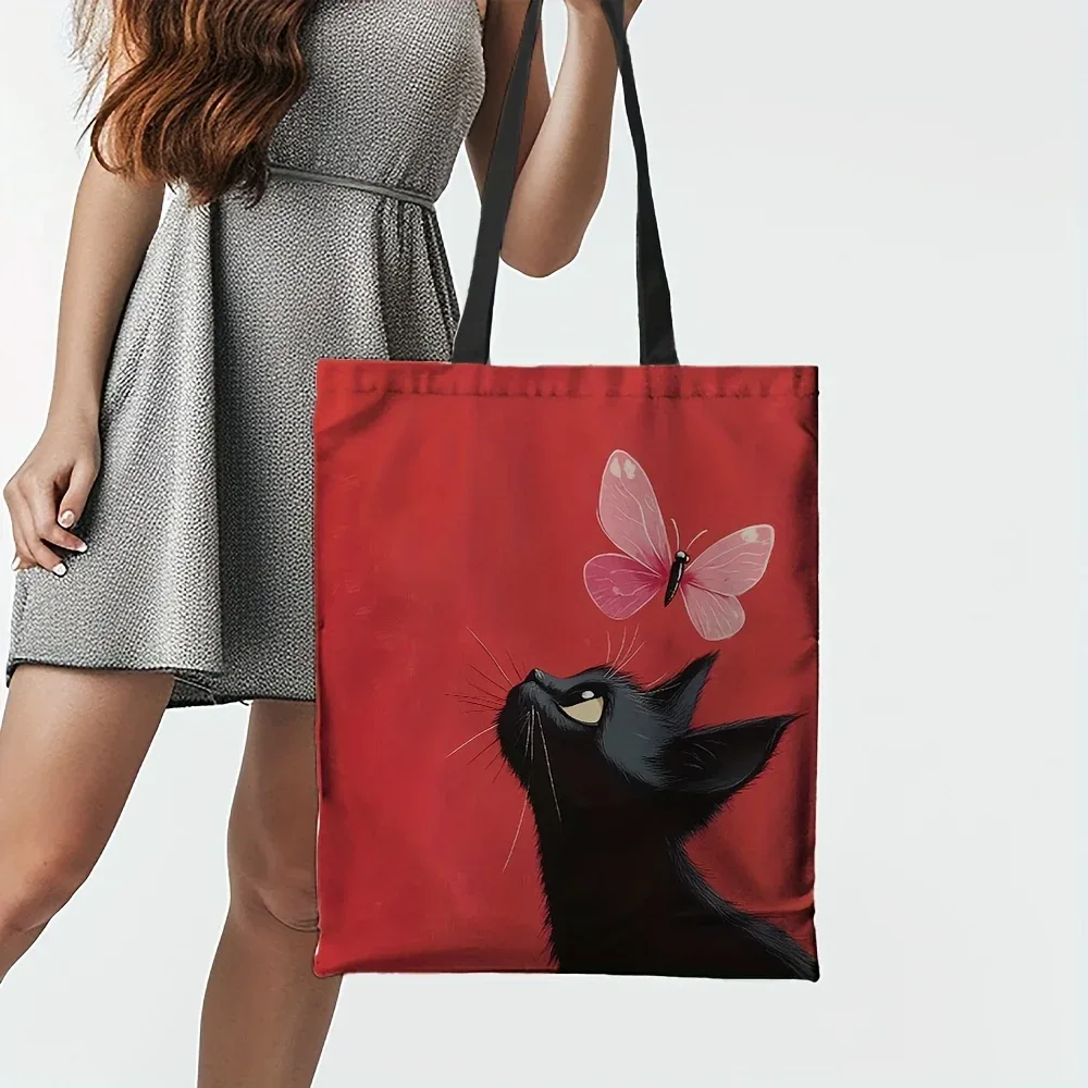 sac fourre-tout en toile chaton et papillon, 1 pièce, en polyester durable, forme rectangulaire, parfait pour le shopping et l'utilisation quotidienne