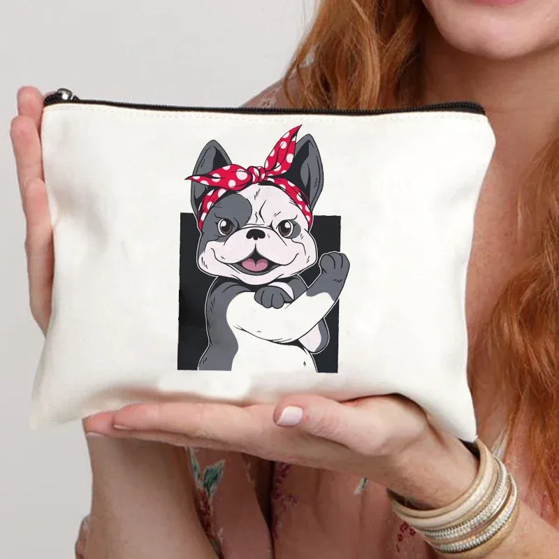 trousse de maquillage en toile pour femme, trousse de toilette, valise professionnelle, impression de dessin animé, bouledogue français, drôle