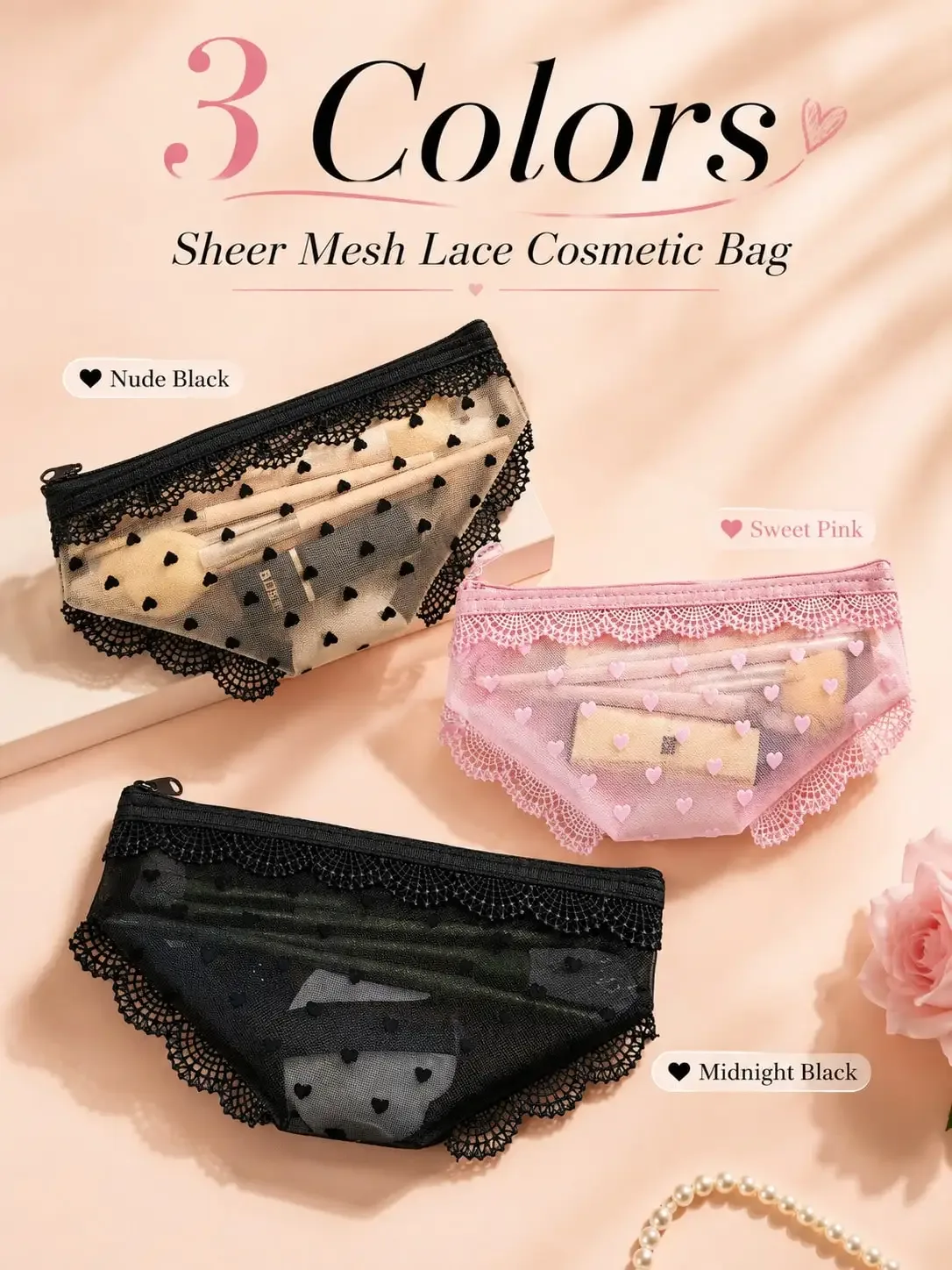 pochette de maquillage transparente et sexy en dentelle, pochette de maquillage portable pour voyage, adaptée pour l'eyeliner, les pinceaux de maquillage, le rouge à lèvres, les produits de soin de la peau, les écouteu