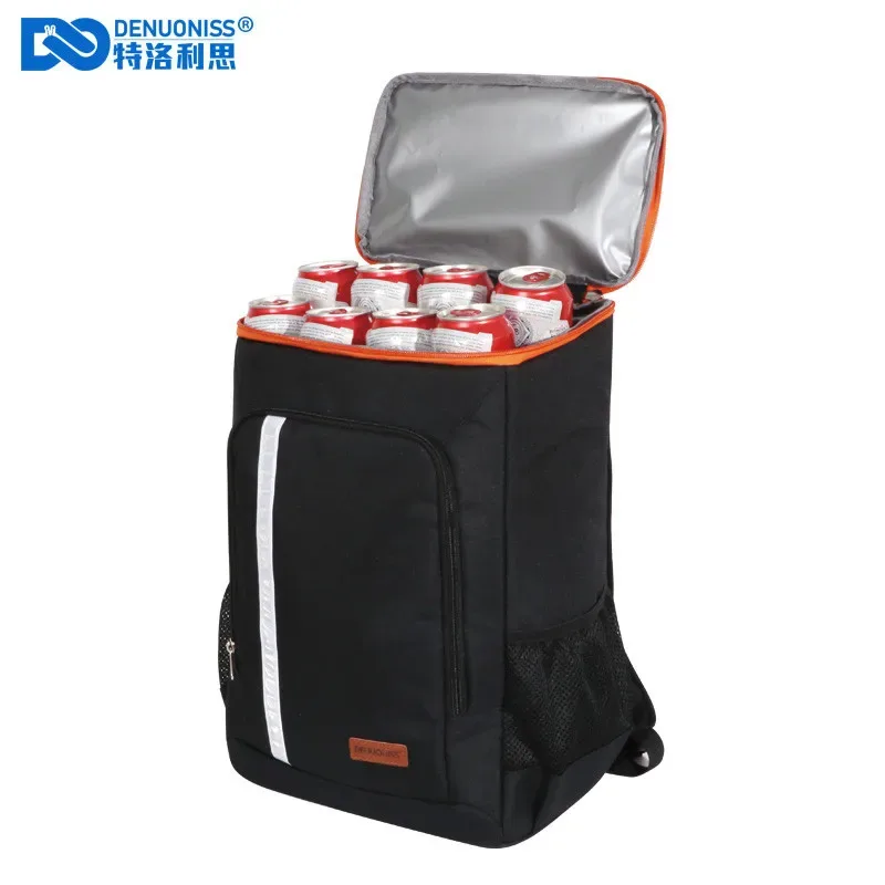 sac dos polyester fibre noire gris bordure orange isolé transport aliments frais voyage pique-nique