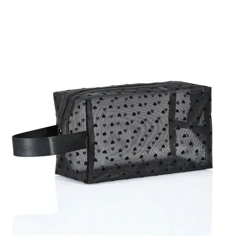 sac à cosmétiques en maille de nylon, organisateur de toilette en forme de cœur à fermeture éclair, sacs de maquillage multifonctionnels pour femmes, rouge à lèvres, clé, porte-monnaie