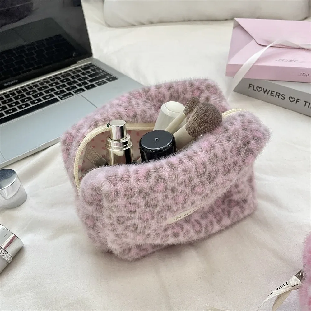 pochette de maquillage mignonne à imprimé léopard, grande capacité, sac à cosmétiques pour femmes, étui de rangement, trousse de toilette de voyage portable pour femmes