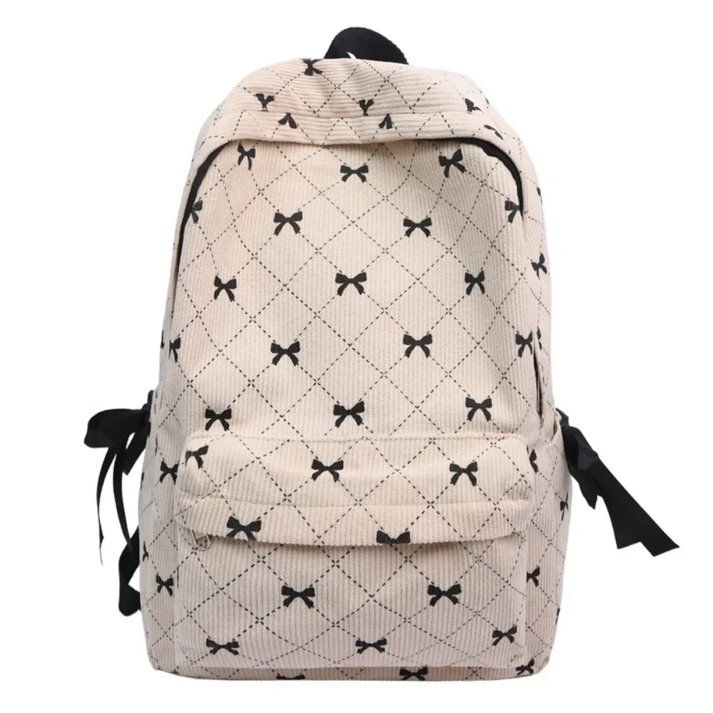 sac à dos en velours côtelé style coréen tendance, grande capacité, bretelles réglables, imprimé nœud, pour étudiants et lycéens