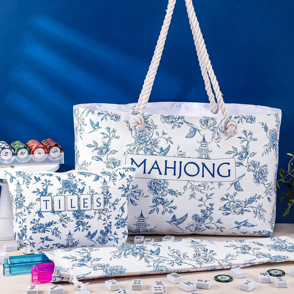 sacs de rangement pour tuiles de mahjong imprimées bleues, ensemble de sacs fourre-tout de 24x13x4,7 pouces, grands avec poignées pour les voyages, le transport quotidien, cadeau pour les amateurs de jeux de société