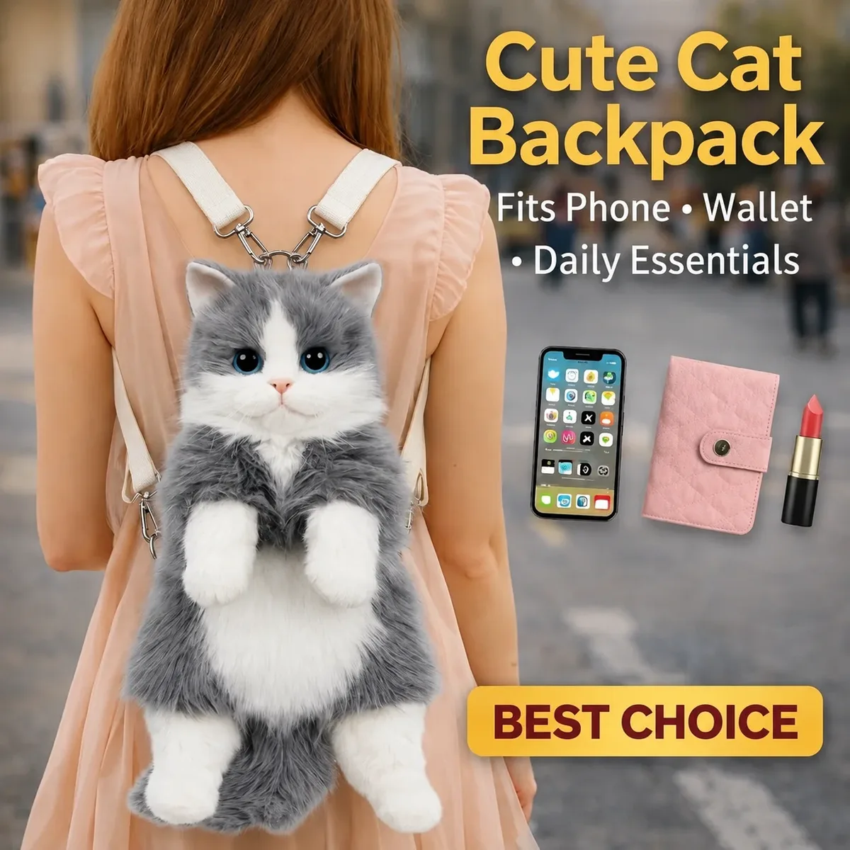 sac à dos en peluche chat mignon pour filles, sac animal kawaii 14 pouces, sac à bandoulière chaton doux pour tenues de tous les jours et cadeaux