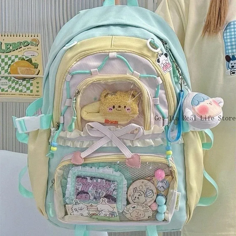 sac à dos ita transparent italife dopamine kawaii anmie pour femmes, avec présentoir pour épingles et badges, grand sac ita mignon en forme de cœur avec nœuds, style lolita h259