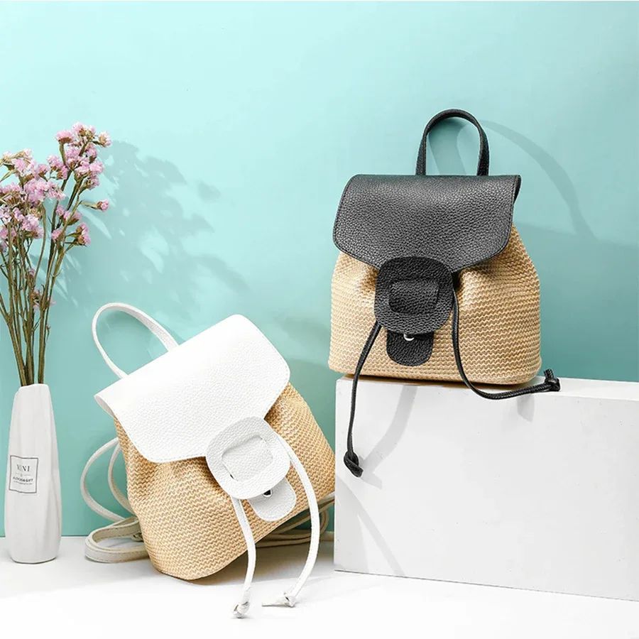 sac à dos en paille et en cuir synthétique pour femmes et adolescentes, sac à bandoulière, sac à cordon, sac de voyage pour femmes, sac à dos de grande capacité.
