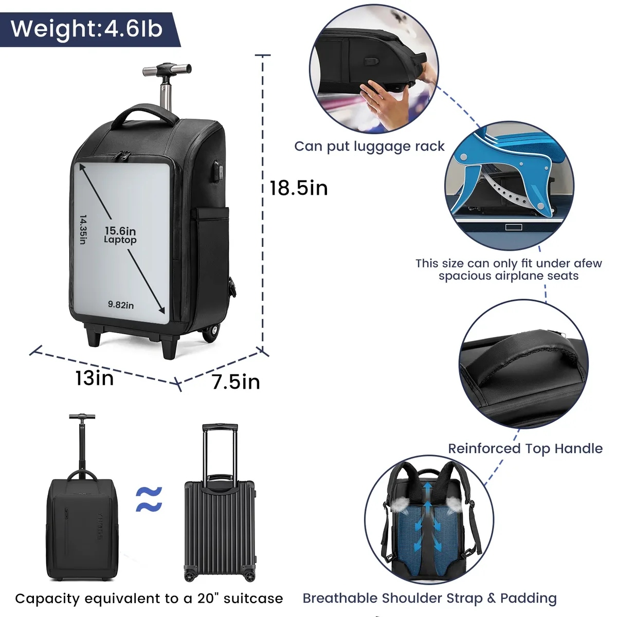 valise cabine 20 pouces à roulettes avec fonction sac à dos, pour femmes et hommes, bagage de voyage à roulettes avec port usb, sacs d'affaires