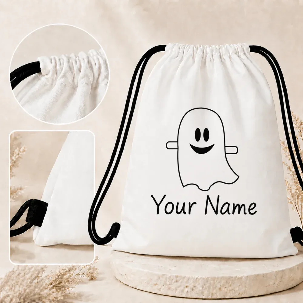 sac à dos à cordon personnalisé fantôme mignon, sac à bonbons d'halloween pour enfants avec nom personnalisé, sac de truc ou prouve pour enfants, sac cadeau d'halloween