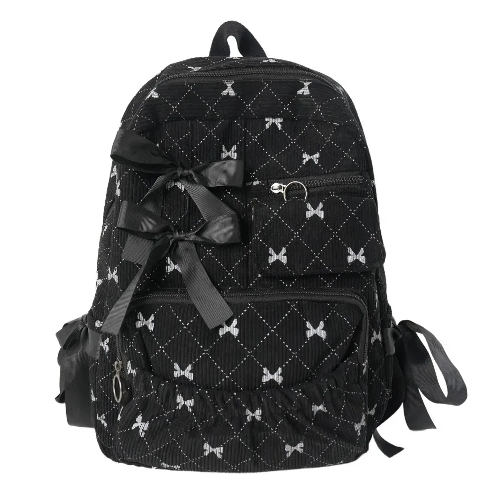 sac à dos tendance en velours côtelé avec nœud, style ins, imprimé nœud, polyvalent, grande capacité, pour étudiantes