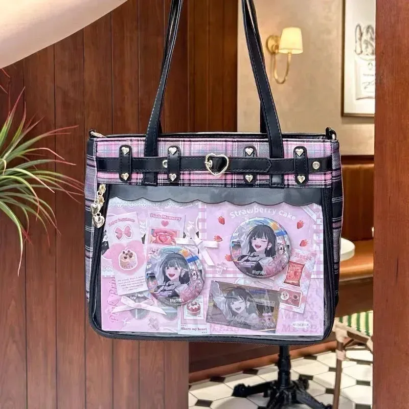 femmes mode motif à carreaux rétro ita sac mignon fille transparent grande capacité sac fourre-tout bricolage affichage sac à main nouveau sac à bandoulière