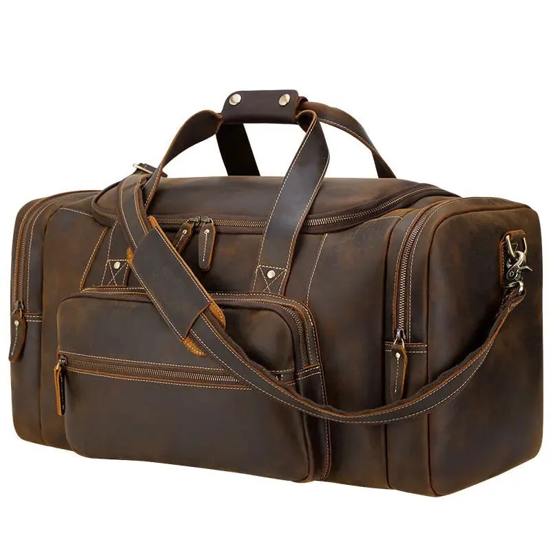vintage pleine fleur crazy horse en cuir véritable hommes sac de voyage bagages sac de sport sac de week-end porter sur extra large fourre-tout sac à main