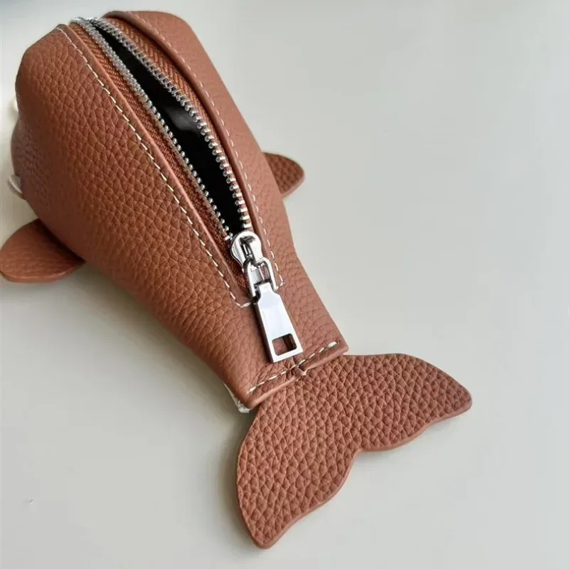 porte-clés en cuir à fermeture éclair, organisateur de pièces de monnaie violettes en cuir de vache, porte-monnaie en forme de baleine pour hommes et femmes