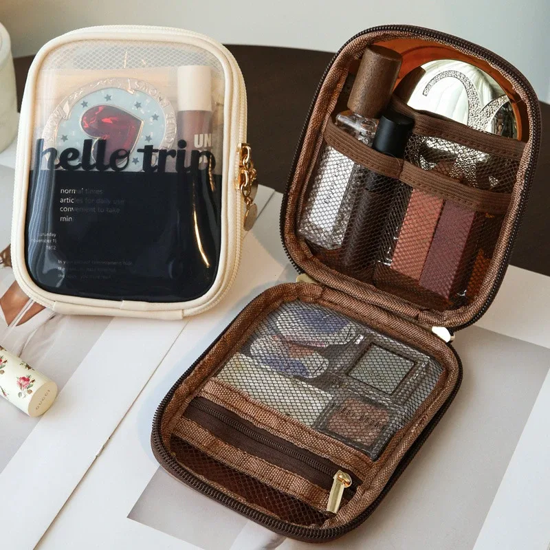 mini sac de rangement de maquillage de voyage transparent, petit sac de maquillage preppy mignon, fermeture éclair cosmétique, rangement de toilette, pochette pour pièces de monnaie pour femmes