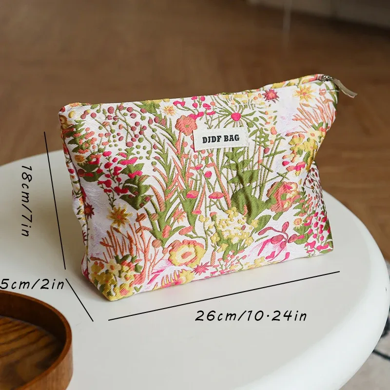 trousse toilette polyester floral fleur rose vert violet blanc motif géométrique marguerites bleu jaune voyage grande capacité