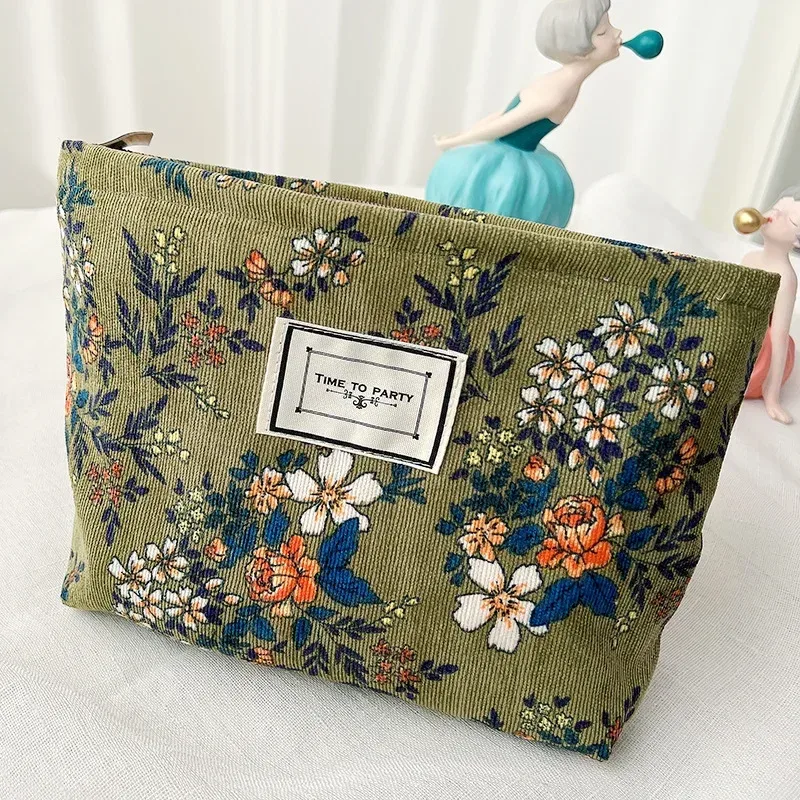 trousse de maquillage en velours côtelé pour femme, trousse cosmétique à imprimé floral rétro, étuis de rangement de beauté, poudres de maquillage de voyage