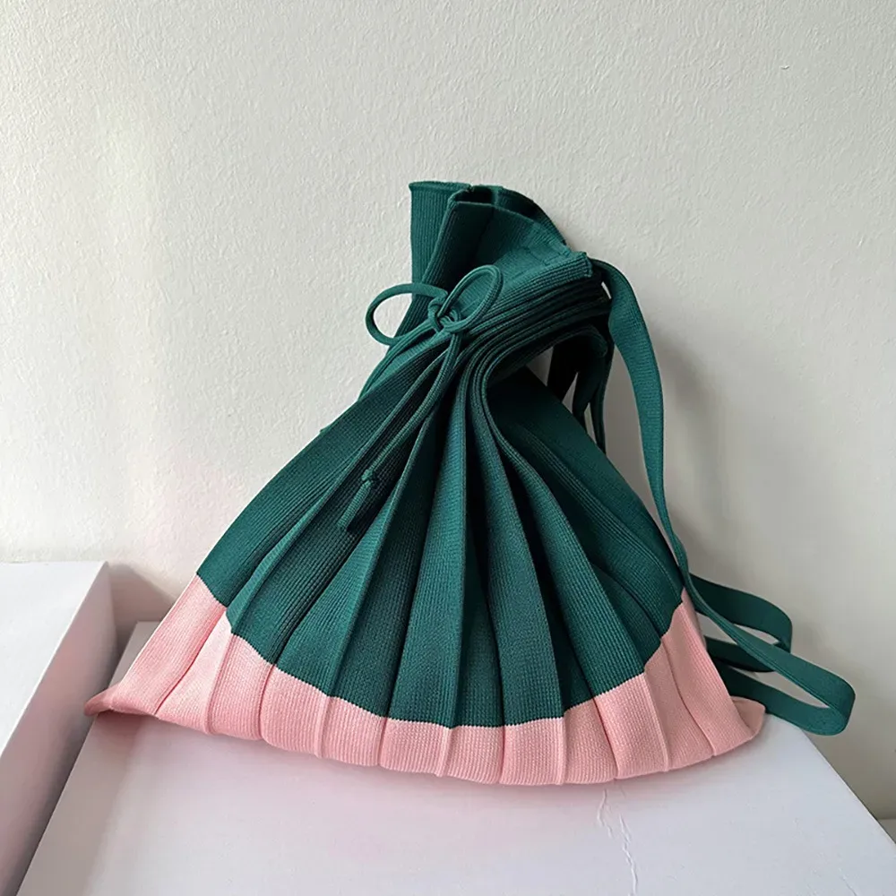 sac à main pliable en tricot, sac de shopping de grande capacité, pochette à bandoulière, sac écologique pliable, sac plissé de couleur contrastée, sac de voyage