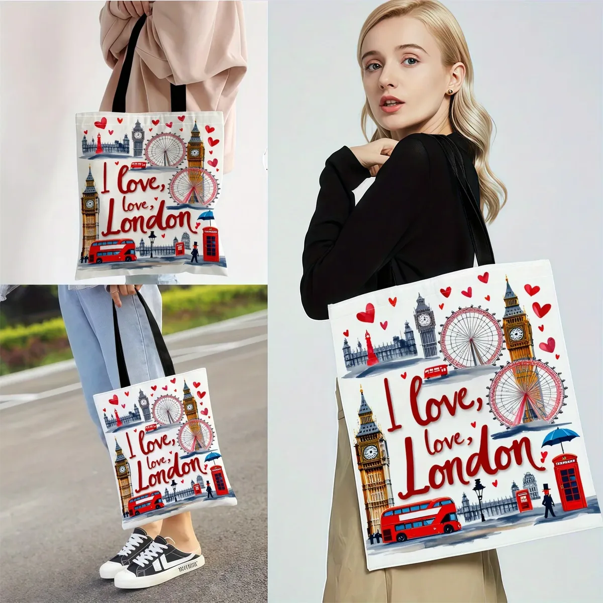 sac fourre-tout décontracté imprimé motif bus paysage de londres, sac à main multifonctionnel réutilisable à la mode, sac de plage, sac de courses imprimé
