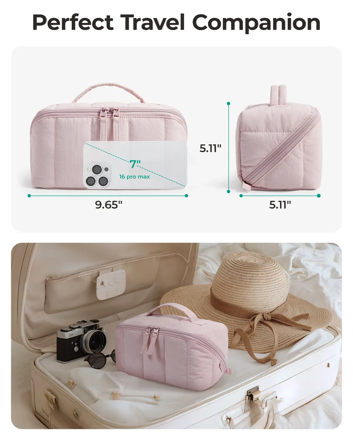 bagsmart trousse de maquillage de voyage matelassée pour femme, ouverture plate, résistante à l'eau, marron, trousse de toilette portable, organiseur de maquillage rembourré