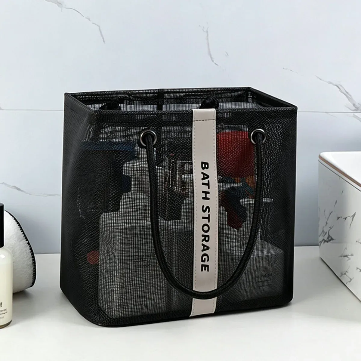 sac de toilette portable en maille avec poignée, séchage rapide, grande capacité, pour salle de bain, douche, voyage, maquillage, sac à main organisateur, panier