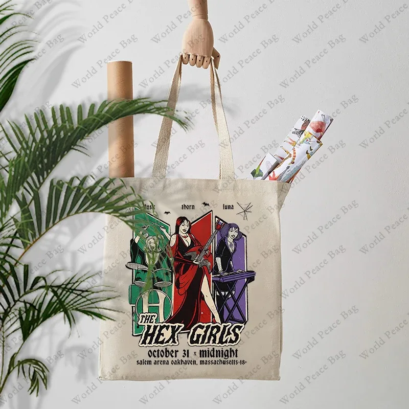 sac voyage toile motif hex girls beige bandoulière personnages stylisés voyage journee shopping réutilisable femmes