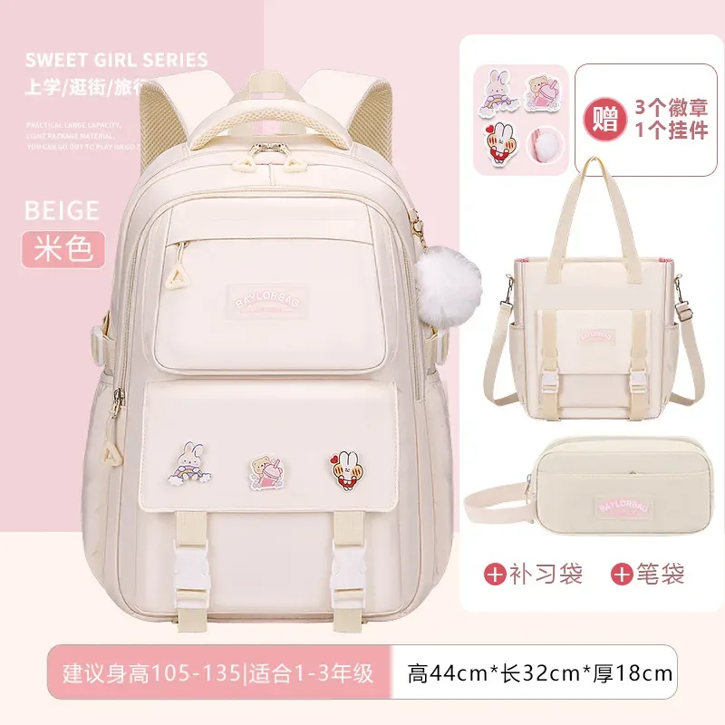 Ensemble de 3 sacs à dos de grande capacité avec protection dorsale, violet et rose, avec accessoires suspendus pour les élèves du collège et du lycée