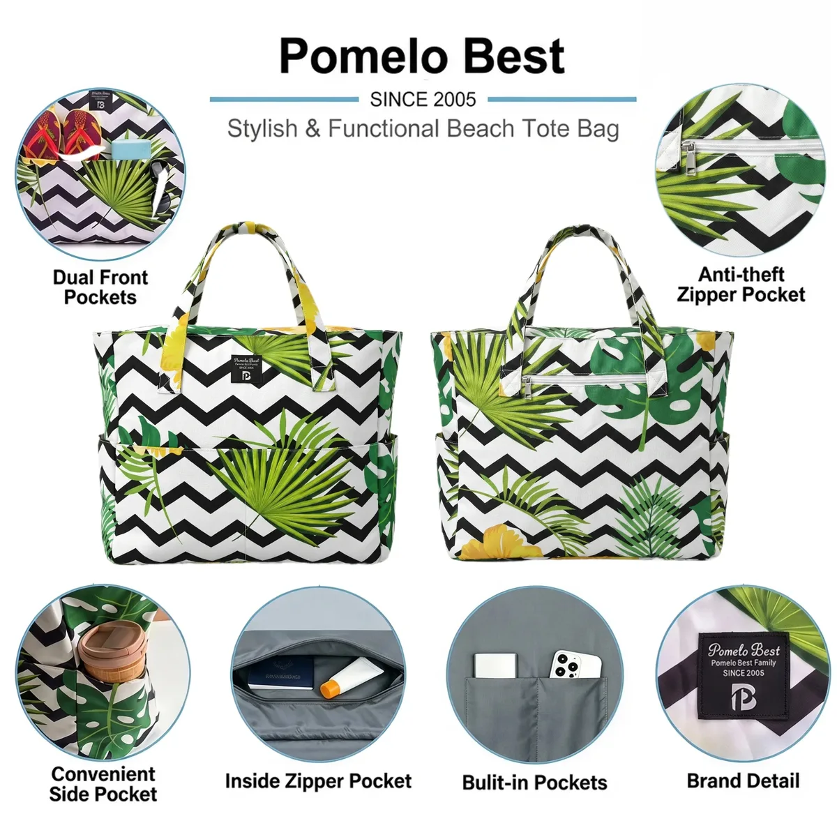 pomlelo best tropical wave print sac de plage grand format imperméable à plusieurs poches sac à bandoulière de voyage