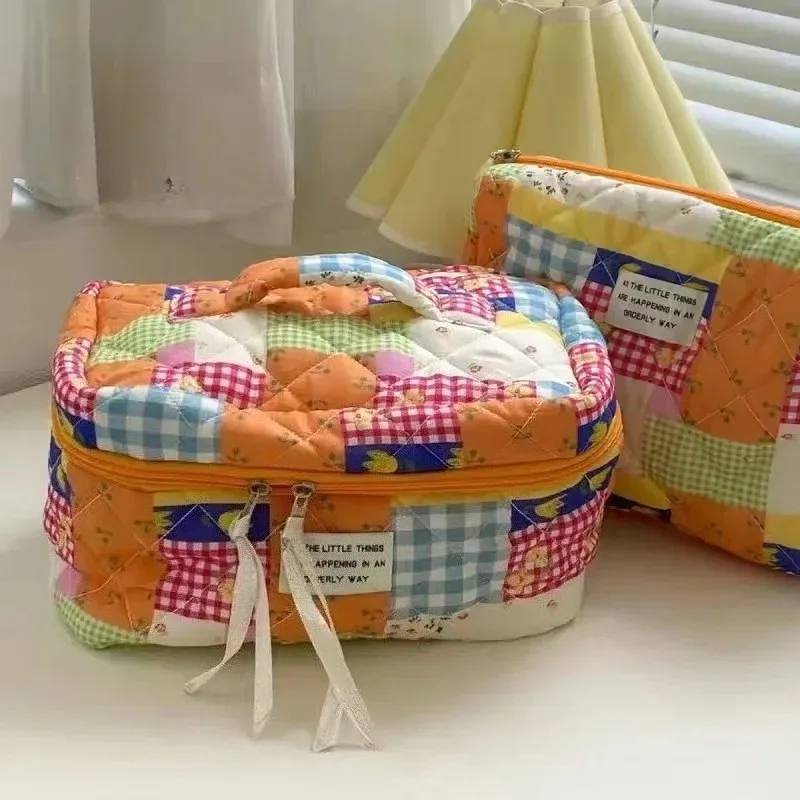 sacs à cosmétiques rétro à fleurs pour femmes, sac de rangement portable de voyage de grande capacité, trousse de maquillage à carreaux floraux pour filles