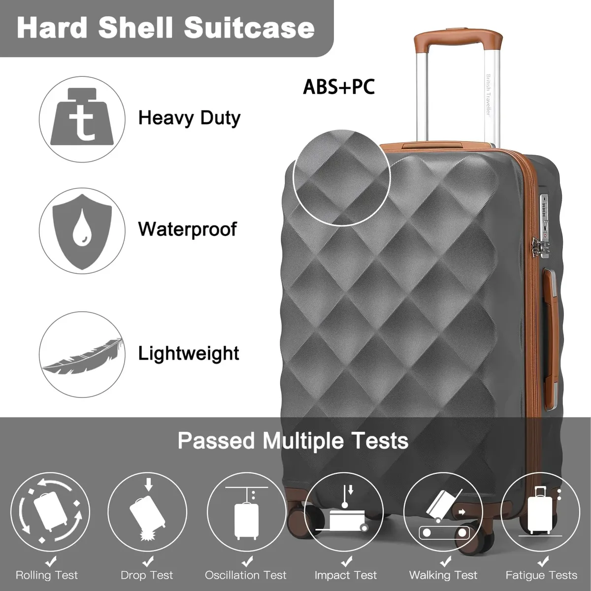 ensemble de bagages 2 pièces british traveler | mallette cabine avec serrure tsa et trousse de toilette | 4 doubles rouleaux | 31 + 54 cm