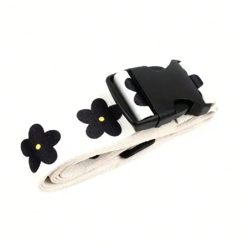sangle à boucle en plastique pour bagages de voyage, sangle de bagage réglable à imprimé floral, fermeture à boucle, noir avec motif floral blanc