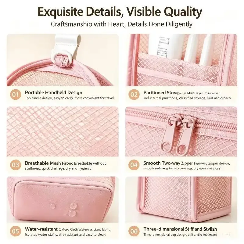 nouvelle trousse de toilette et de maquillage en maille respirante avec poches de rangement verticales pour les voyages et les déplacements professionnels