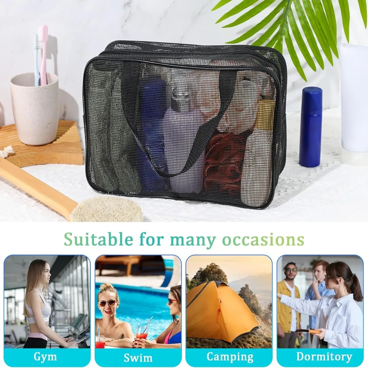 sac de sport et de natation de grande capacité, sac de douche en maille, sac de rangement portable pour articles de toilette, adapté à la plage