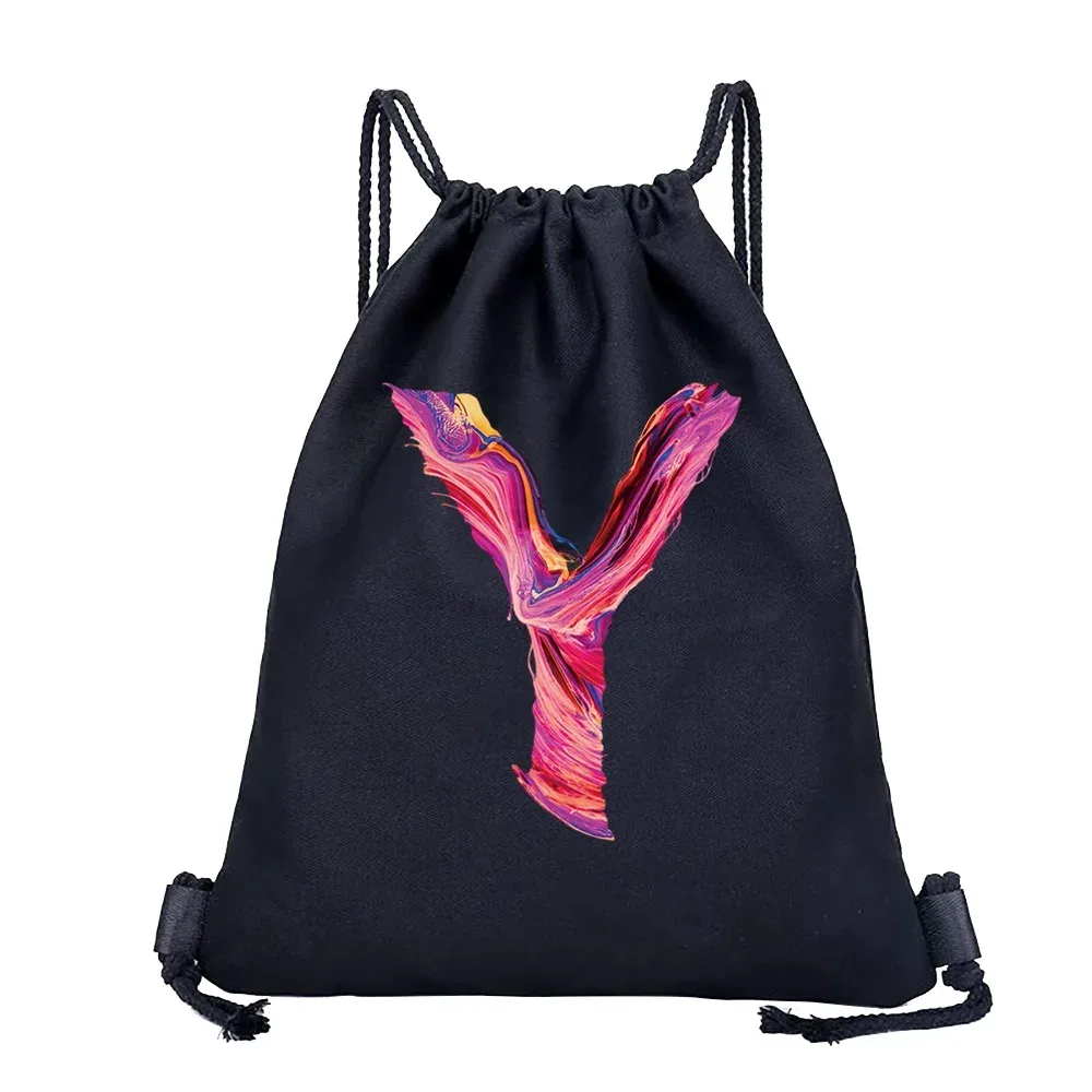 sac dos lin noir motif multicolore compact pliable cordon serrage poignées souple grande capacité sports plein air harajuku polyvalent