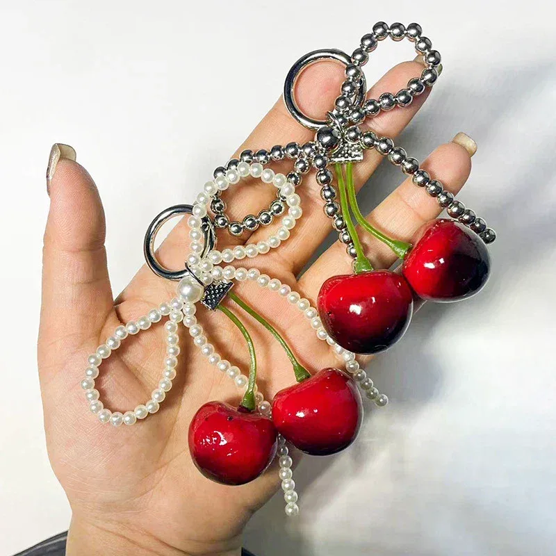 mode perle cerise dentelle nœud papillon sac pendentif à breloque porte-clés cerise voiture porte-clés sac à dos décoration bijoux cadeau pour femmes