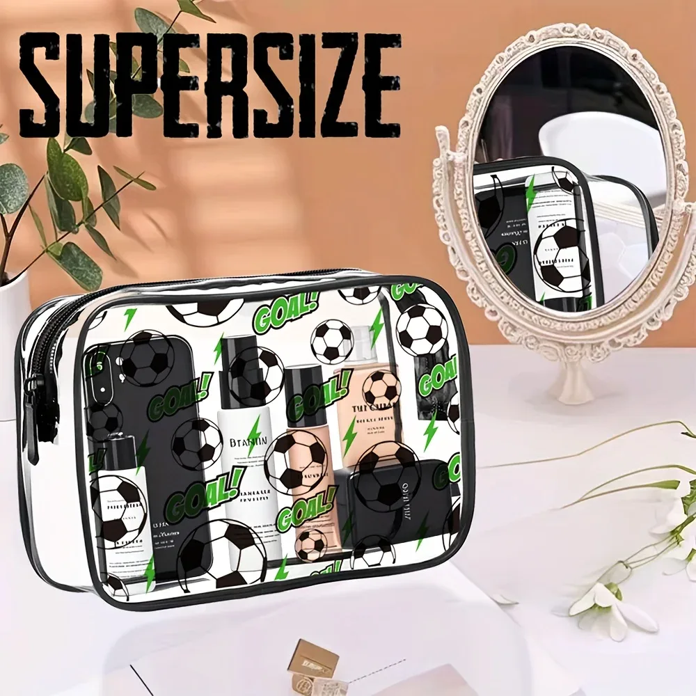 trousse de toilette en pvc sur le thème du football, trousse de maquillage, adaptée aux hommes et aux femmes, trousse de rangement transparente pour articles de toilette de voyage, trousse de maquillage