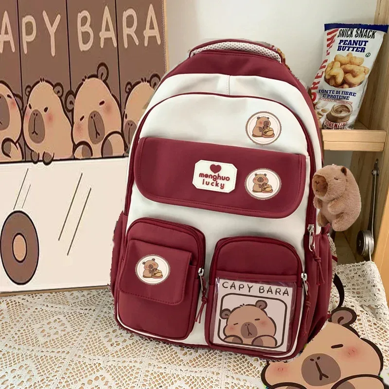sac dos nylon beige accents marron blanc motifs ours poches multiples étudiant voyage décontracté