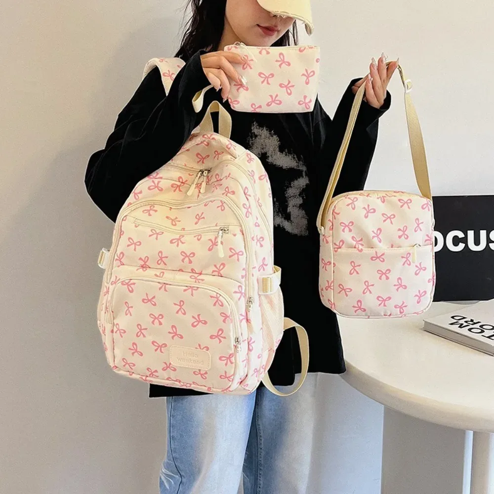 3 pièces/ensemble mignon grande capacité arc sac à dos nœud imprimé nylon sac d'école sangle réglable voyage sac à dos