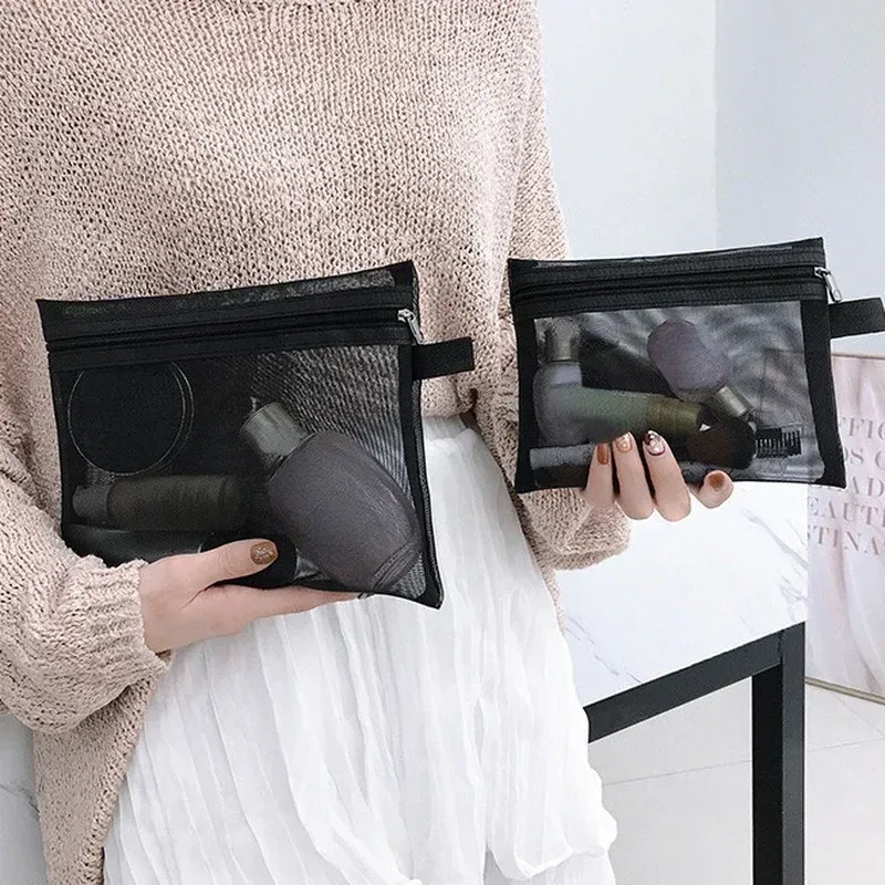 sac à cosmétiques en maille pour femmes, rangement de voyage, sac de maquillage, organisateur, pochette de maquillage portable, petite et grande trousse de toilette et de beauté