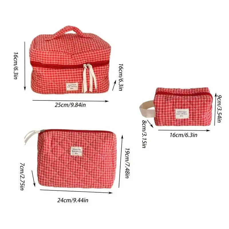 sac à cosmétiques à carreaux de grande capacité pour femmes, sac de rangement pour brosses de soins de la peau en coton pour filles, trousse de toilette de voyage portable, trousse de maquillage